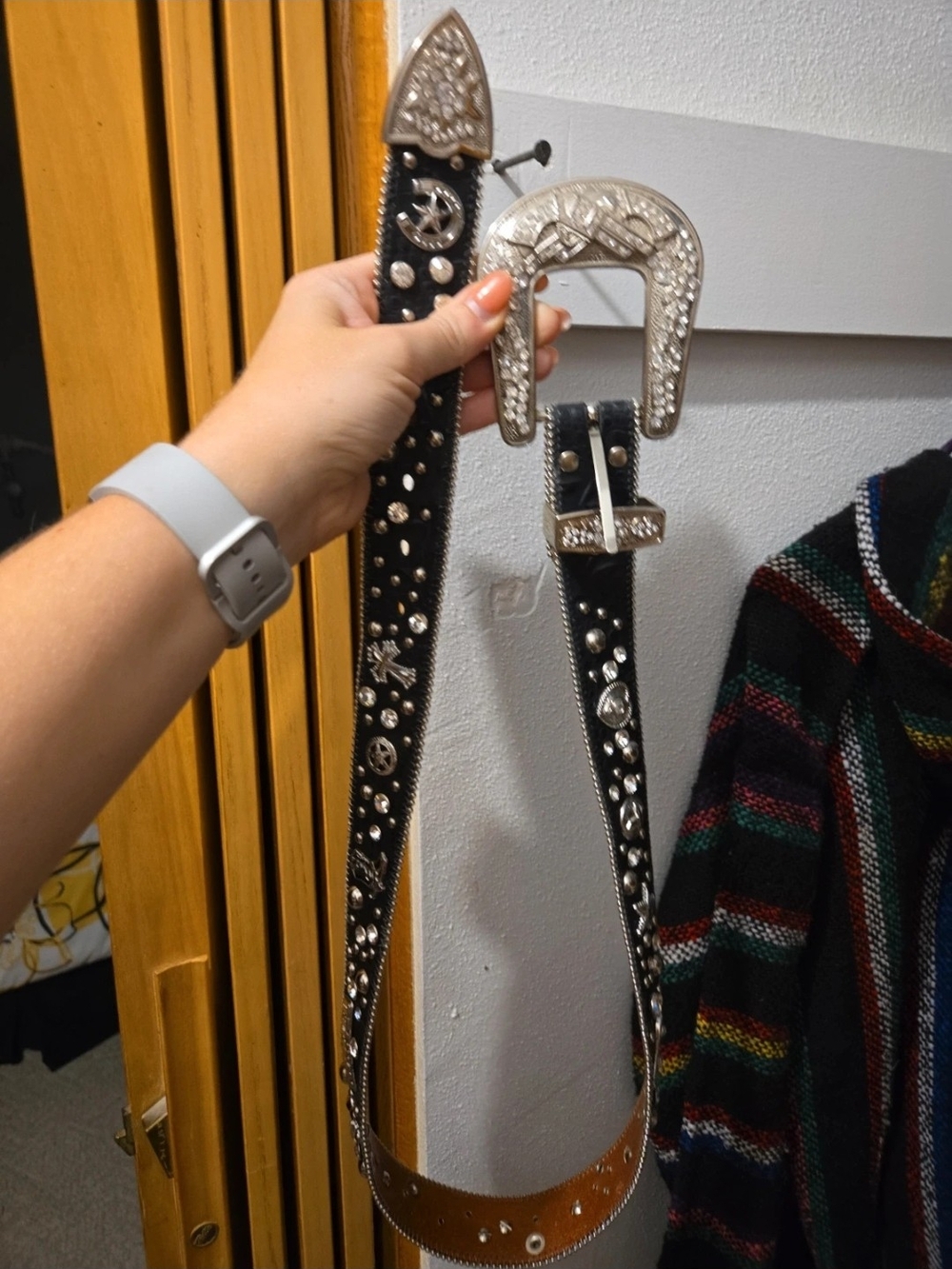 Studded Black Western-Style Leather Belt with Silver Buckle